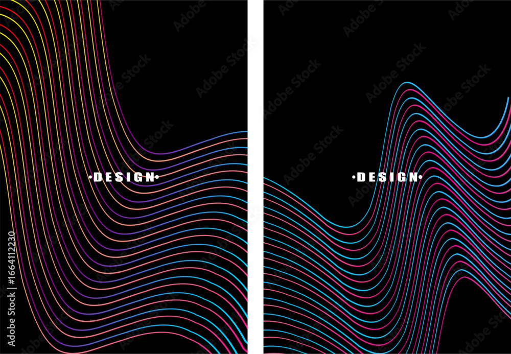 Poster a set of dark themed abstract vector backgrounds featuring a dynamic flowing wave pattern consisting