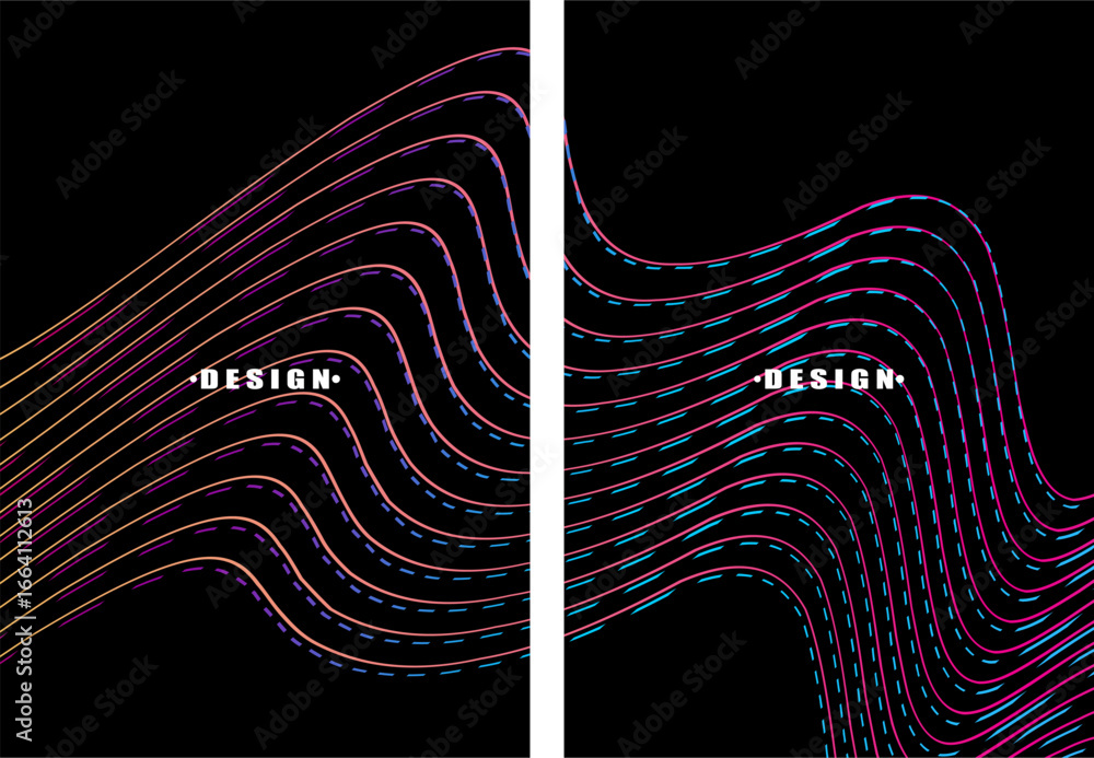 Poster a set of dark themed abstract vector backgrounds featuring a dynamic flowing wave pattern consisting