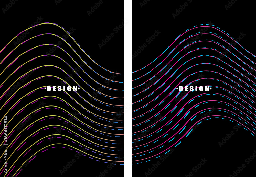 Poster a set of dark themed abstract vector backgrounds featuring a dynamic flowing wave pattern consisting