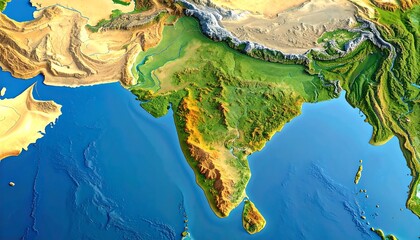 Detailed topographic map of the South Asian region, showcasing diverse landforms and bodies of water.