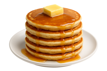 A stack of pancakes with a pat of butter and syrup, a delicious and sweet breakfast food, isolated on a transparent background