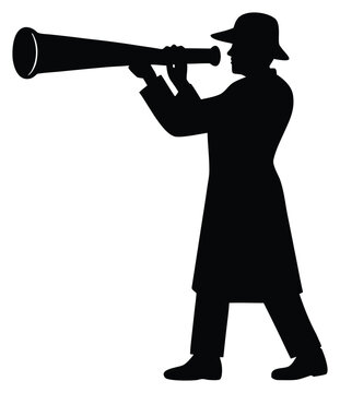 Silhouette of a man in a trench coat looking through a telescope