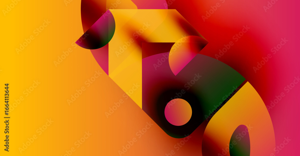 Poster Abstract composition. Vibrant colors blend, creating dynamic shapes. Fluid forms suggest movement, depth, modern design.