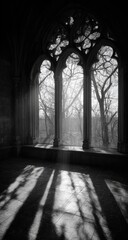 Gothic arched windows, sunlight streaming, forest scene, interior