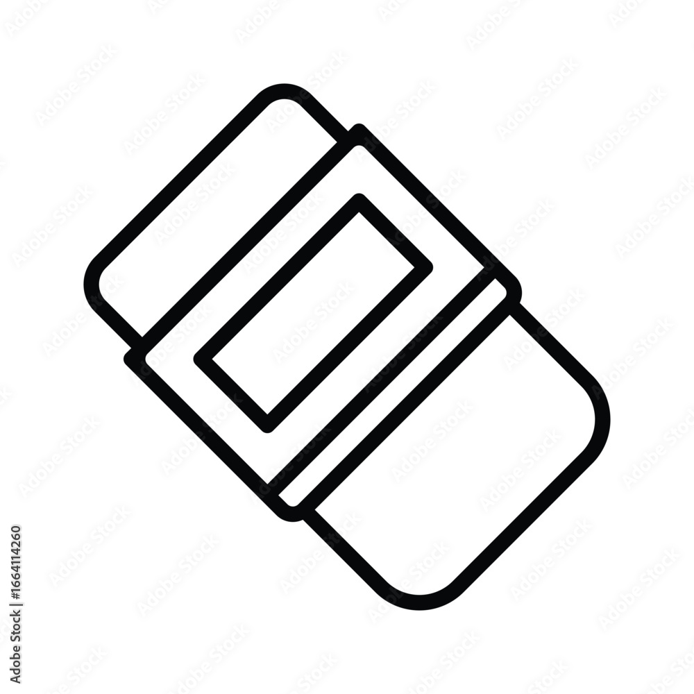 Poster line art of an eraser shown at an angle with a rectangular band around its center. editable stroke. 