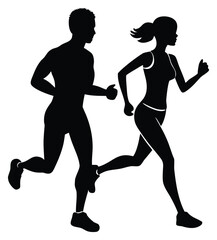 Silhouette of man and woman running together for health and fitness
