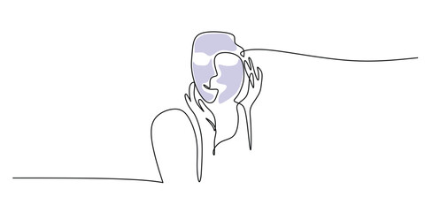 Continuous line art of a happy woman with a cosmetic facial cream