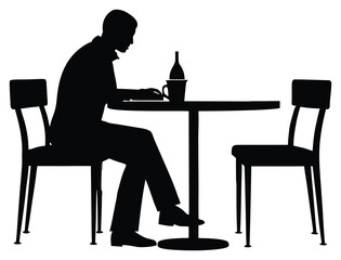 Fototapeta premium Silhouette of man at table with wine bottle and laptop working
