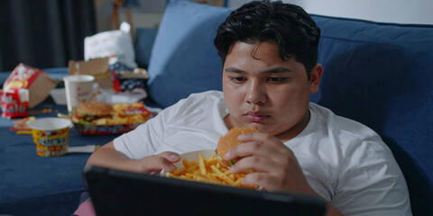 A young person eats fast food while using a digital tablet on a couch.