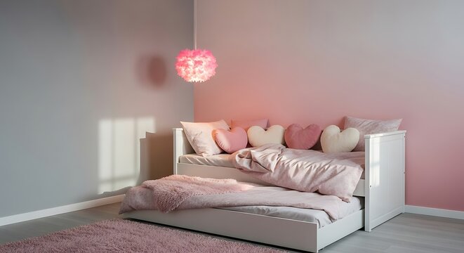 Cozy Girls Bedroom Interior with Pink Decor and White Trundle Bed.