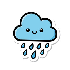 A cute smiling cartoon cloud gently raining. This friendly weather illustration embodies a positive atmosphere, perfect for children's projects and whimsical designs