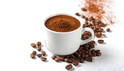 White coffee cup filled with dark brown coffee, sprinkled with cocoa powder, surrounded by coffee beans on a light gray surface