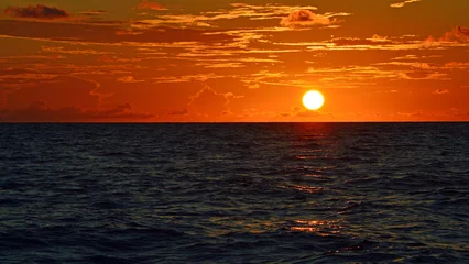 Selbstklebende Fototapeten Ziegel An orange and red sunset on a hot summer evening in Clearwater Beach, Florida, with the sun positioned to the right and small clouds scattered across the orange sky above the ocean.  © dldillon