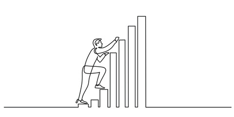 Continuous line art of a person climbing a graph to success