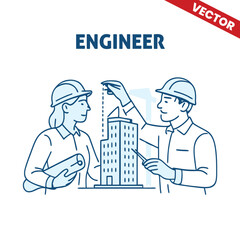 Male and Female Engineers Collaborating with Construction Equipment - Outline Graphic Illustration