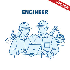 Engineer and Architect Discussing Project in Construction Site - Outline Graphic Illustration