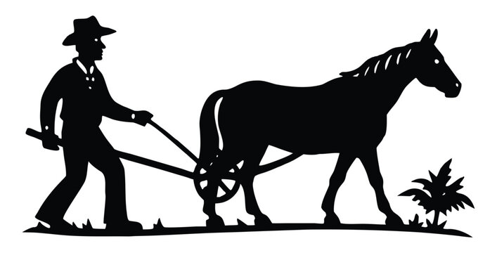 Silhouetted farmer and horse pulling plow representing old fashioned agriculture
