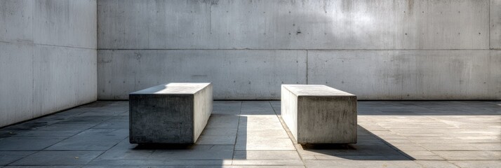 Two simple concrete benches in a minimalist courtyard
