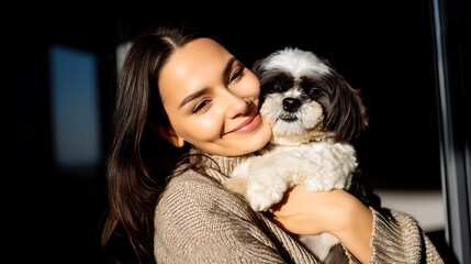 Smiling Woman Embracing Small Dog in Bright Room with Warm Natural Light