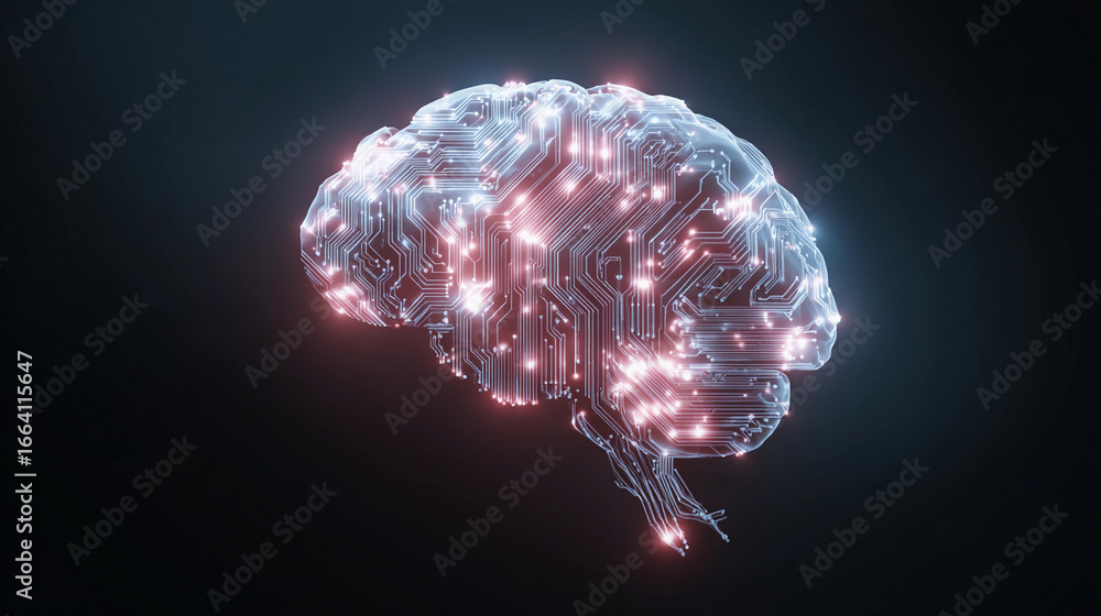 Poster digital brain model highlighting neural links and circuits