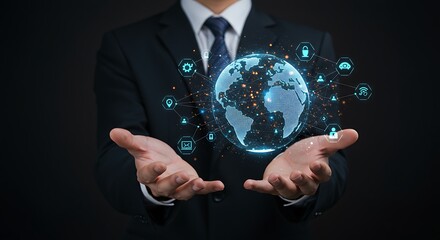A digital globe, glowing with interconnected symbols, is held aloft by a person in a suit, representing global connectivity and technology.