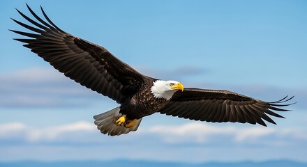 Obraz premium Majestic American Bald Eagle Soaring in a Blue Sky.