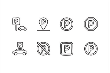 Parking icons collection, car parking, no parking, location, and parking sign symbols in black and white