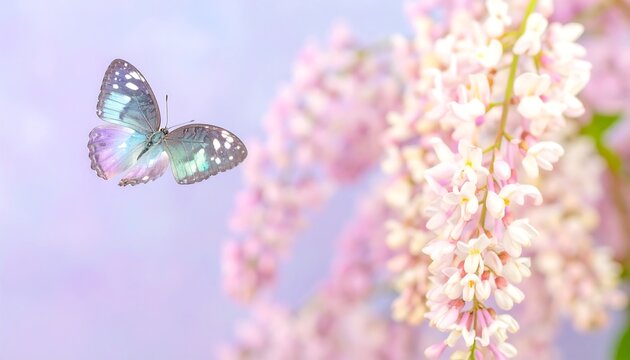 Butterfly flying near pink flowers, soft background