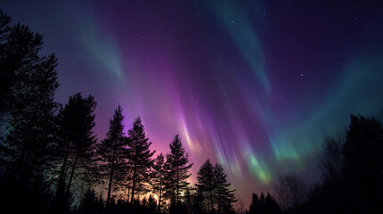 Dazzling northern lights illuminate a forest at night in winter