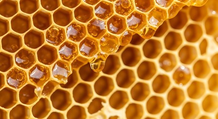 Close up view of a honeycomb filled with honey showing the hexagonal structure and golden liquid inside