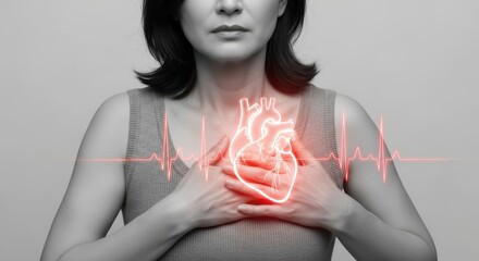 A woman holds her chest with a glowing heart illustration, symbolizing cardiac health and medical awareness against a grayscale background