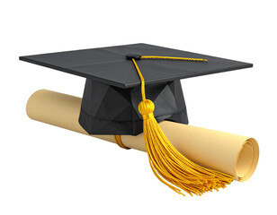 Graduation Cap on Top of Diploma Scroll, transparent background