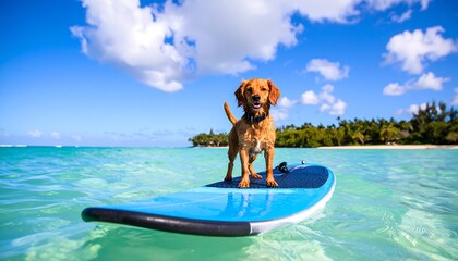 A cheerful dog stands confidently on a vibrant blue and teal stand-up paddleboard, enjoying a sunny tropical beach setting.