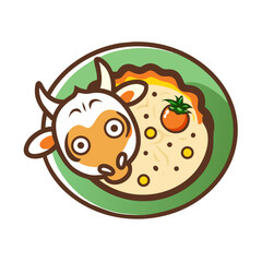 Cartoon cow in a plate of food illustration