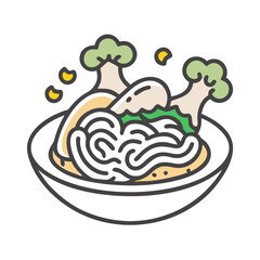 Stylized illustration of noodle bowl with broccoli elements
