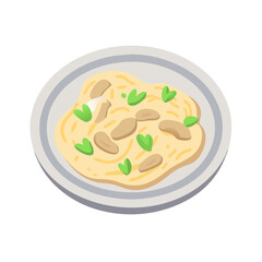 Cartoon pasta dish with mushrooms and green herbs