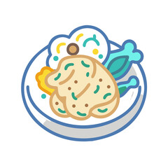 Stylized food icon: chicken and sides on a plate