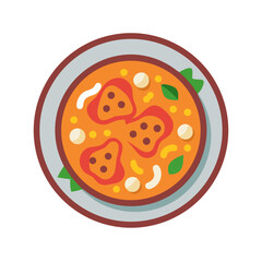 Stylized soup bowl illustration featuring tomatoes and leafy greens