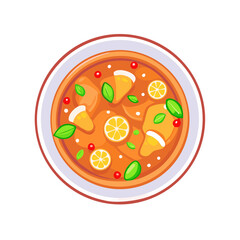 Vibrant orange soup bowl with lemon slices illustration