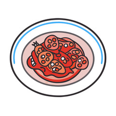 Stylized illustration of a plate with tomato and lotus roots