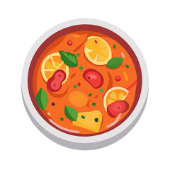 Stylized illustration of a vibrant bowl of hot tomato soup