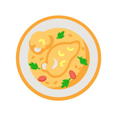 Top-down illustration of soup bowl with vegetables and herbs