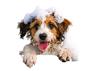 Playful Puppy Peeking Over Bathtub Edge with Foam, transparent background