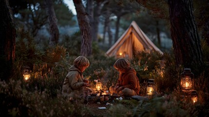 Magical Night Camping: Two Boys Roasting Marshmallows by a Cozy, Lantern-Lit Fire