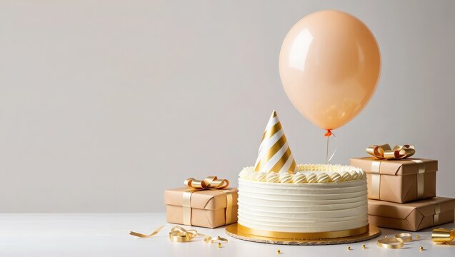 Birthday cake with balloon and gift boxes on a plain background