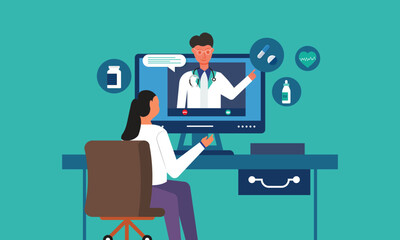 Online doctor talking with a patient on a video call, he is giving a consultation medicine concept