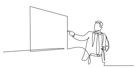Continuous Line Drawing of a Businessman Pointing at a Screen during a Meeting