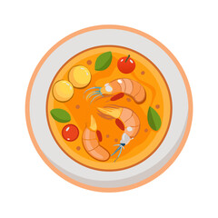 Stylized shrimp soup bowl flat lay illustration