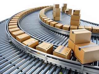 Cardboard Boxes Moving on a Curved Roller Conveyor System packages shipping isolated on a transparent background