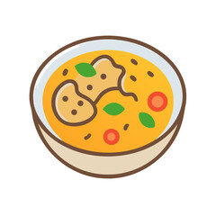 Delicious soup in bowl with basil and tomatoes isolated